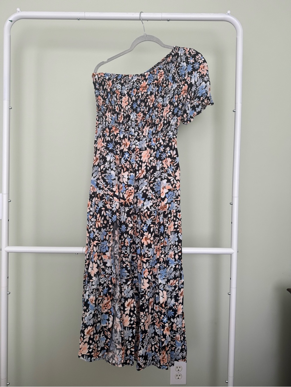 One-Shoulder Floral Maxi Dress in Black with Blue & Peach Blooms